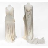 Circa 1930s Stylish Cream Silk Evening Dress, with diamante spaghetti shoulder straps, bias cut,