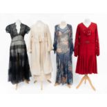 Circa 1920s and Later Costume comprising a red silk drop waist dress, with v-neckline, cut work
