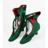 Pair of Victorian Green Silk Lace Up Boots, with low heel, brass fasteners, lined with red leather