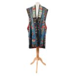 Late 19th/Early 20th Century Chinese Blue Silk Embroidered Waistcoat, woven with vases of flowers,