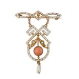 An Enamel, Coral and Pearl Brooch, by Liberty, circa 1900 an openwork bar suspends a geometric frame