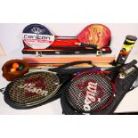 Sporting equipment to include two cased pool cues, two badminton rackets, Slazenger and Yonex,