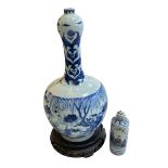 Chinese blue and white bottle vase with figure decoration, 28cm, with stand and a scent bottle (2).