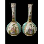 Pair Continental Augustus Rex style porcelain bottle vases with gallant and maiden decoration, 32.