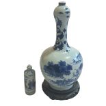 Chinese blue and white bottle vase with figure decoration, 28cm, with stand and a scent bottle (2).