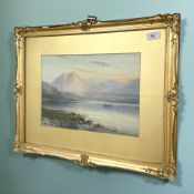 20th Century School : Figures in a boat on a loch with mountains beyond, watercolour,