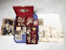 A collection of costume jewellery, simulated pearls, various earrings and pendants,