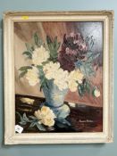 Nancie Foster : Still life with flowers in a vase, impasto oil on board, 44 cm x 56 cm.