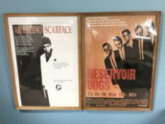 Two movie posters : Reservoir Dogs and Scarface, in frames, each approx.
