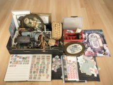 A group of various collectibles, pictures and prints, reproduction icon, teak keys, stamps, etc.