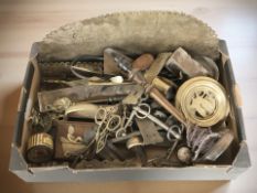 Assorted brass wares, turned mahogany lamp base,