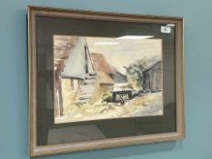 Mary Wright : Hay cart by farm buildings, watercolour, 36 cm x 26 cm.