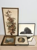 A group of pictures and prints, watercolour coastal landscape, a frameless octagonal mirror, etc.