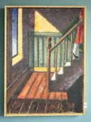 20th Century School : Figure on a staircase, oil on canvas, 56 cm x 76 cm.