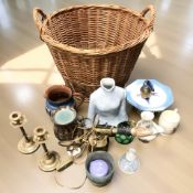 A wicker log basket of miscellaneous ceramics, Portmeirion vase, brass blow torch, table light,