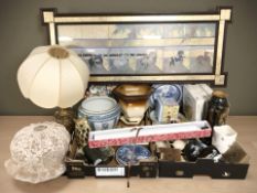 Assorted ceramics, table lamp, large print in gilt frame, etc.