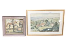 20th Century School : A rural village with landscape beyond, watercolour,