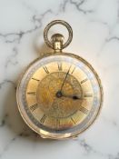 A gold fob watch, the case with all over foliate engraving, inner back cover stamped 18K,