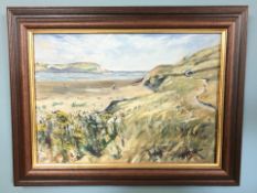 Mary Maughan : Sand dunes with figures on a beach beyond, oil on board, 25 cm x 33 cm.