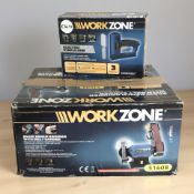 A boxed Workzone bench grinder and a staple gun