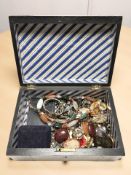 A Victorian inlaid walnut jewellery box containing costume jewellery