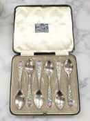 A set of six enamelled silver coffee spoons, Langstone Silver Works (Bernard Instone),