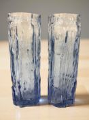 A pair of Whitefriars bark textured blue glass vases, height 16.5 cm.