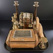 An Italian parquetry cigarette dispenser, a small brass hour glass,