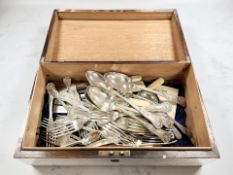 A Victorian rosewood and mother of pearl inlaid table box of assorted EPNS cutlery.