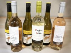 Three 750ml bottles of Yellowtail chardonnay, two 750ml bottles of Pinot Grigio blush,