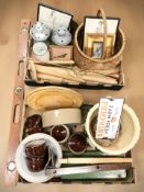 A pottery jardiniere, vintage spirit level, folding rule, a hunting horn, wooden wind chimes,