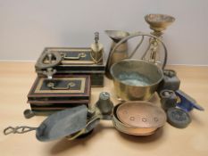 A group of cast iron weights, vintage cash tins, jam pan, copper wares, door knocker, etc.