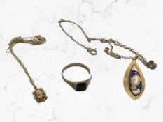 An enamel pendant on plated chain, a broken gold signet ring,