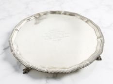 A silver salver, Thomas Bradbury & Sons, Sheffield 1943, inscribed 'Presented to Mr. & Mrs. T.