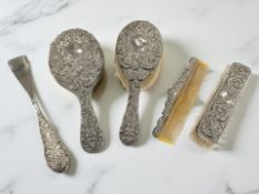 A Victorian silver-mounted five-piece dressing table set, John Harris, Birmingham 1898,