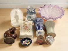 A large amethyst glass pedestal fruit bowl, other glass and ceramics including a gluggle jug,