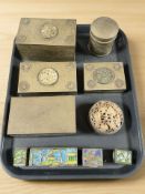 A group of Chinese and other oriental brass trinket boxes, some enameled.