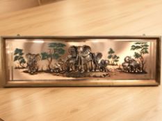 A large copper finish rectangular panel in wooden frame depicting elephants, overall 157 cm x 50 cm.