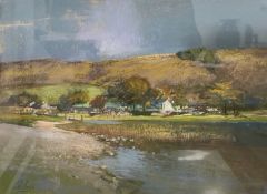 Walter Holmes (Born 1936) : A River Valley with Buildings Beyond, pastel, signed bottom left,