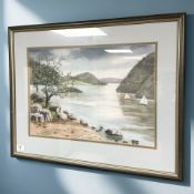 June Colvin : Shoreline by a lake, pastel drawing, 47 cm x 33 cm.