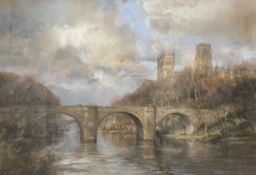 Walter Holmes (Born 1936) : Prebends bridge with Durham Cathedral Beyond, pastel,