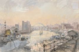 Walter Holmes (Born 1936) : Shipping by the Quayside, Newcastle-upon-Tyne, pastel,