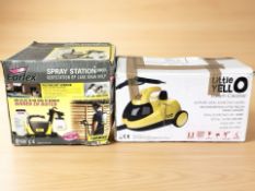 A Little Yello steam cleaner and a spray station, both in boxes.