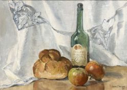 Jean Davies (20th Century) : Still Life with Bread, Wine and Fruit, oil on canvas, signed,