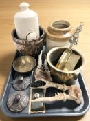 Two pairs of roe deer antlers, an Arts and Crafts embossed copper plater, brass wares,