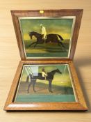 A pair of reproduction Georgian-style reverse paintings on glass depicting jockeys on horseback