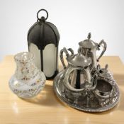 An EPNS four piece tea service, a serving tray, a lantern and a Victorian hand painted glass vase.