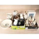 A group of figurines, lamp bases, storage jars, rotary telephone, etc.