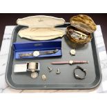 A silver napkin ring, Victorian silver brooch, other costume jewellery,