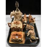 Two Coopercraft figures of dogs, elephant lamp base, cottage ware china, etc.